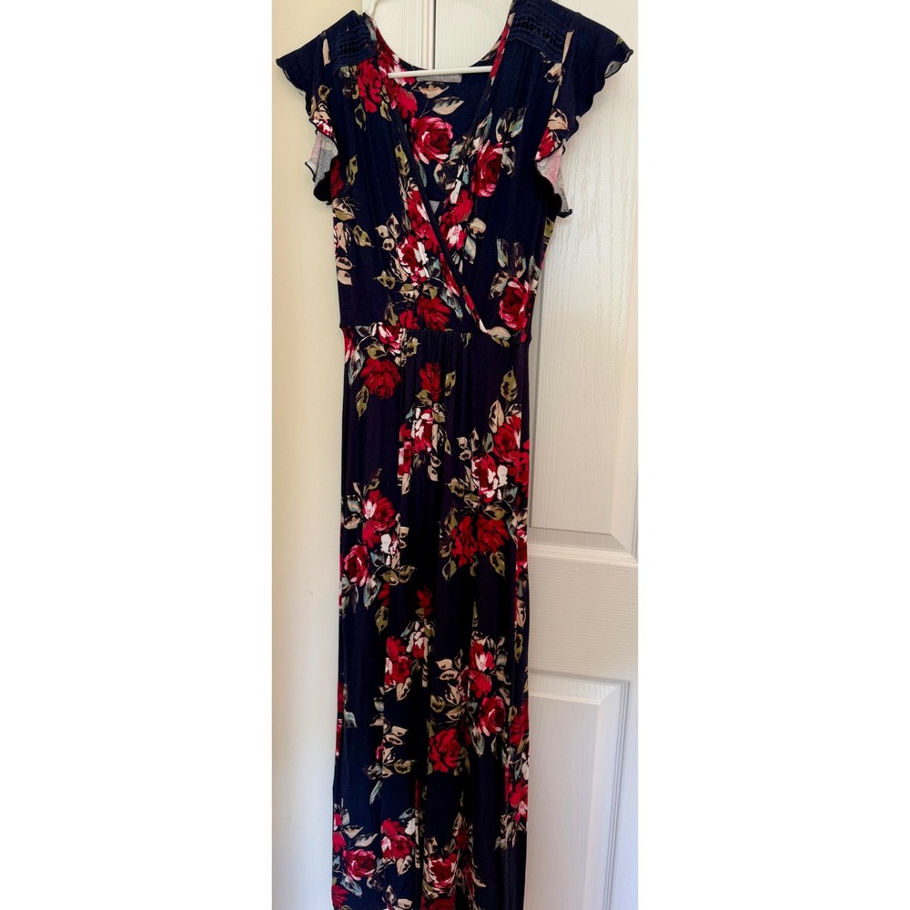 Loveappella Womens Floral Maxi Dress Navy Blue Red Rose Faux Wrap Petite XSP